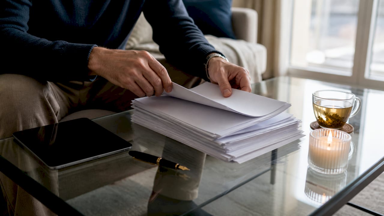 Hands organizing AI governance documents