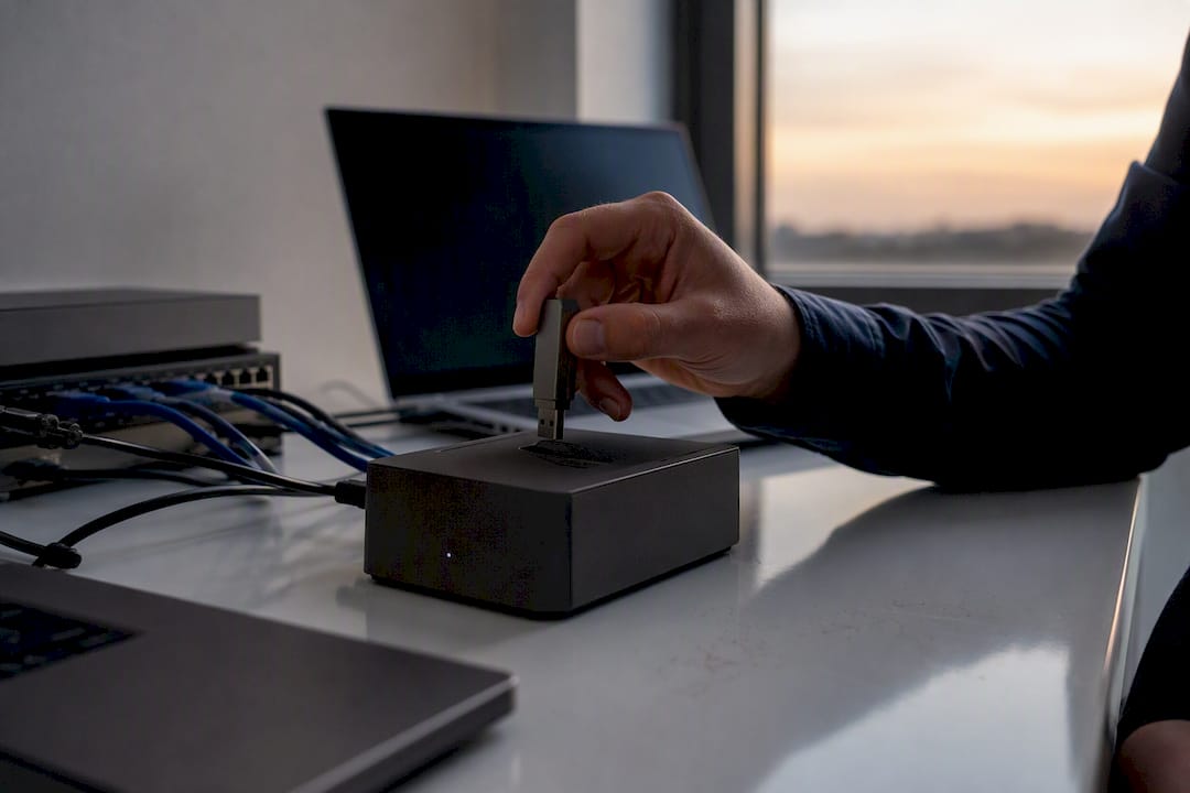 Hand inserting USB drive to save AI incident evidence