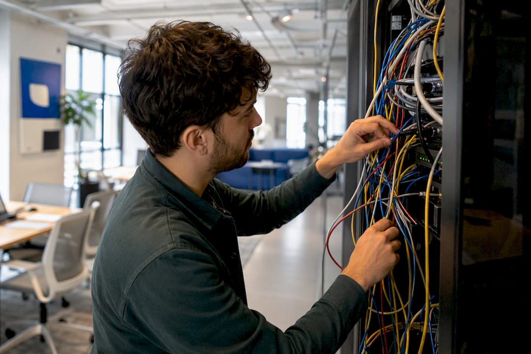Hands organizing cables in a finance data center
