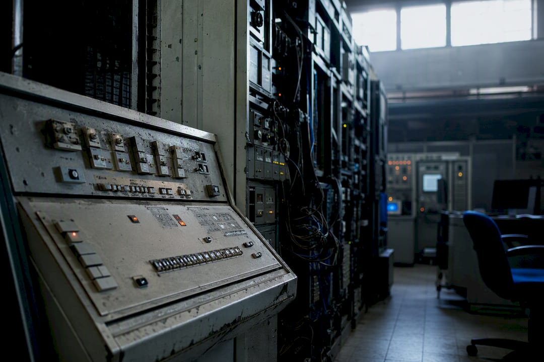 Old bank mainframe console close-up