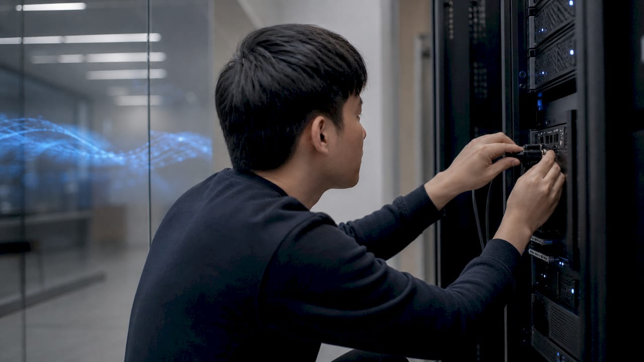 Hands connecting AI test hardware in lab