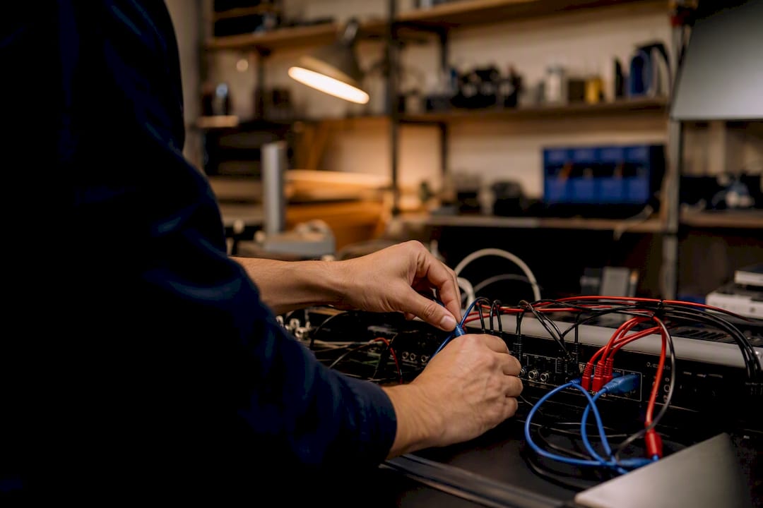 Hands connecting patch cables in a tech room