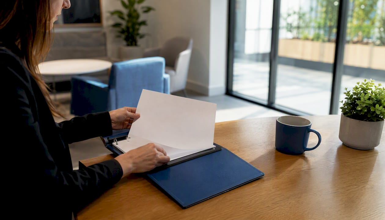 Hands handling AI risk register sheet