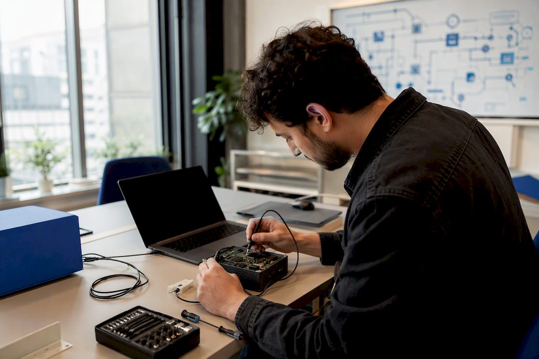 Hands adjusting AI hardware diagnostic probe