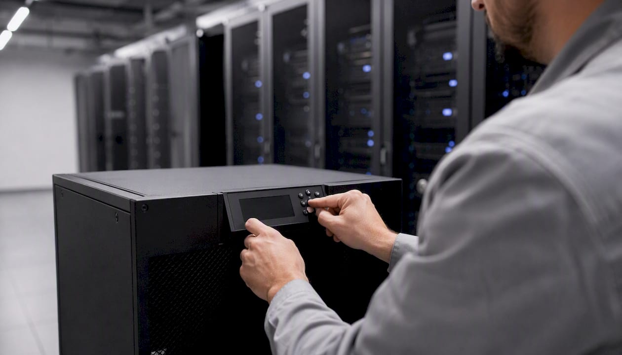Hands adjusting cooling unit in server room